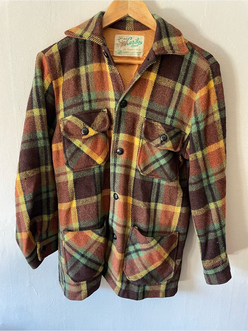 Vintage Caribou Coat - unisex Plaid Wool Jacket - Brown & Green